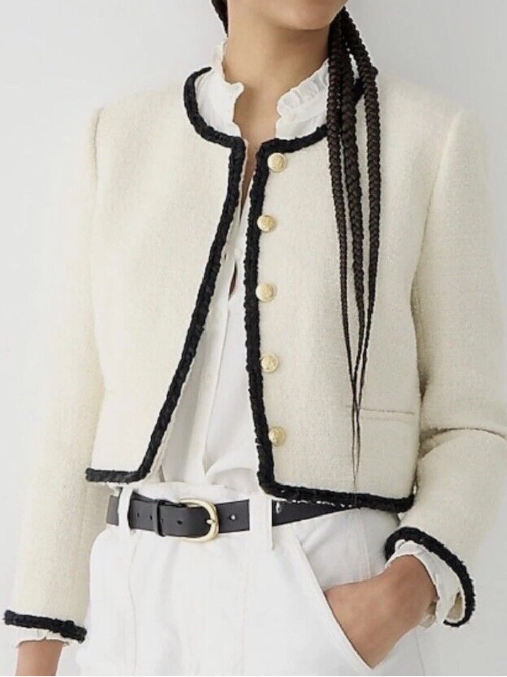 J. Crew Louisa Tweed Lady Jacket Cream Black Trim